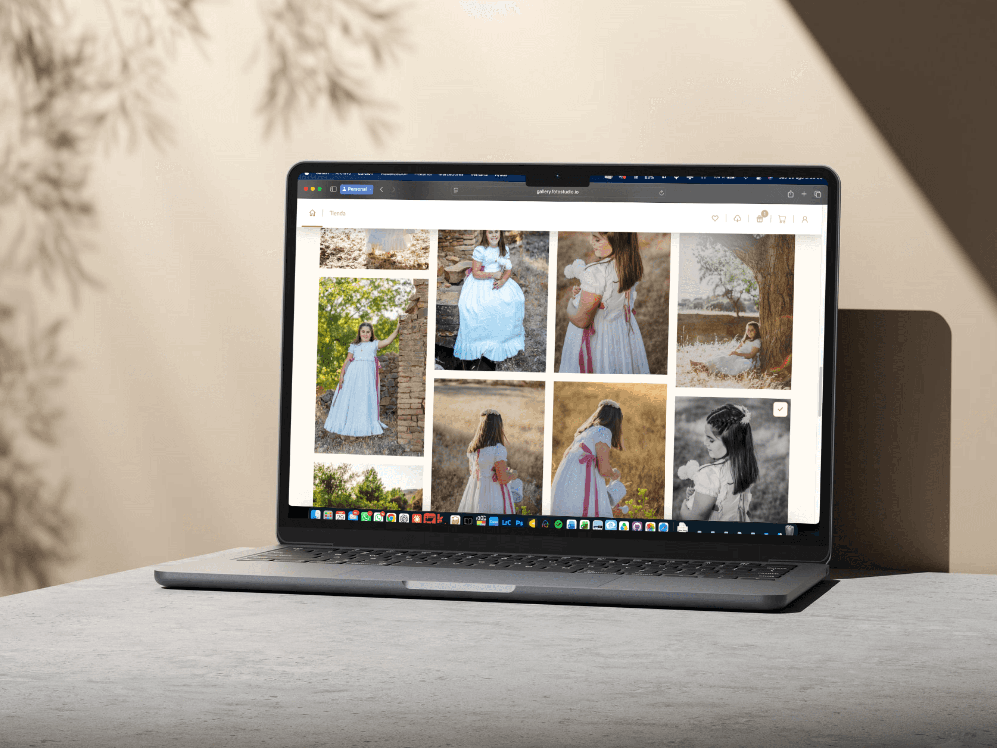 Galería privada de selección de fotografías de comunión abierta en un ordenador